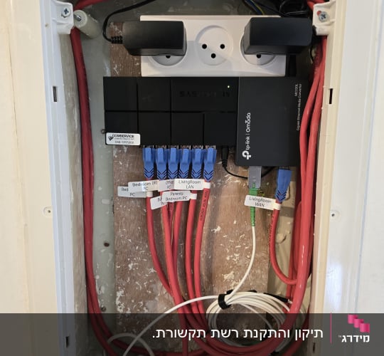 ארון תקשורת עם כבלים אדומים ומתגים מחוברים